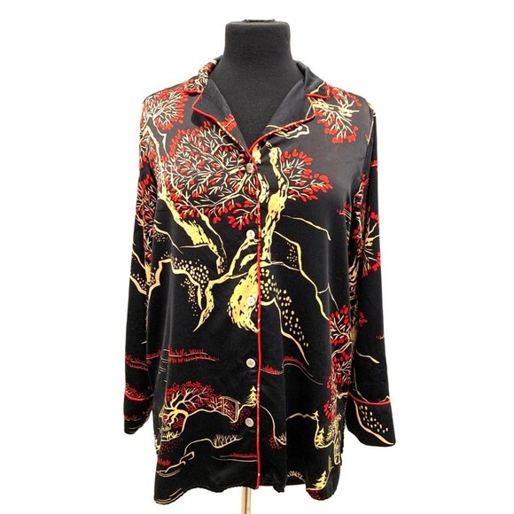 Natori Black Satin Cherry Blossom Floral Long Sleeve Button Up Shirt - Picture 2 of 13